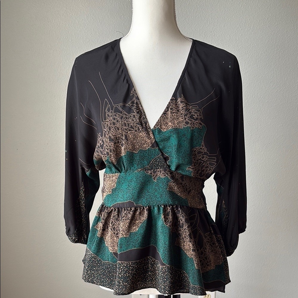 Anthropologie Maple by Some Odd Rubies 100% Silk Wrap Blouse 4 Black Teal #9